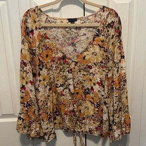 Coco + Carmen Multicolor Floral Bell Sleeve Tie Front Blouse
